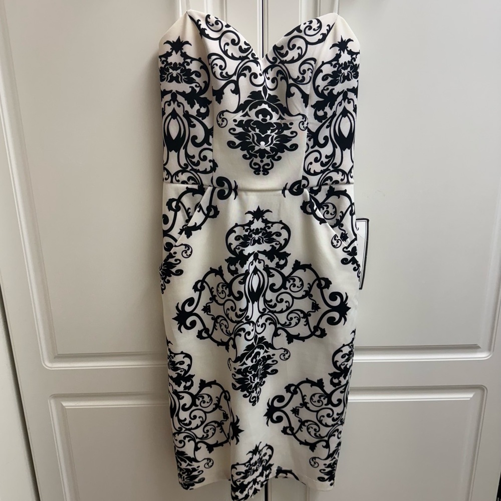 B Darlin Strapless Black White Damask Cocktail Dress 5/6 NWT